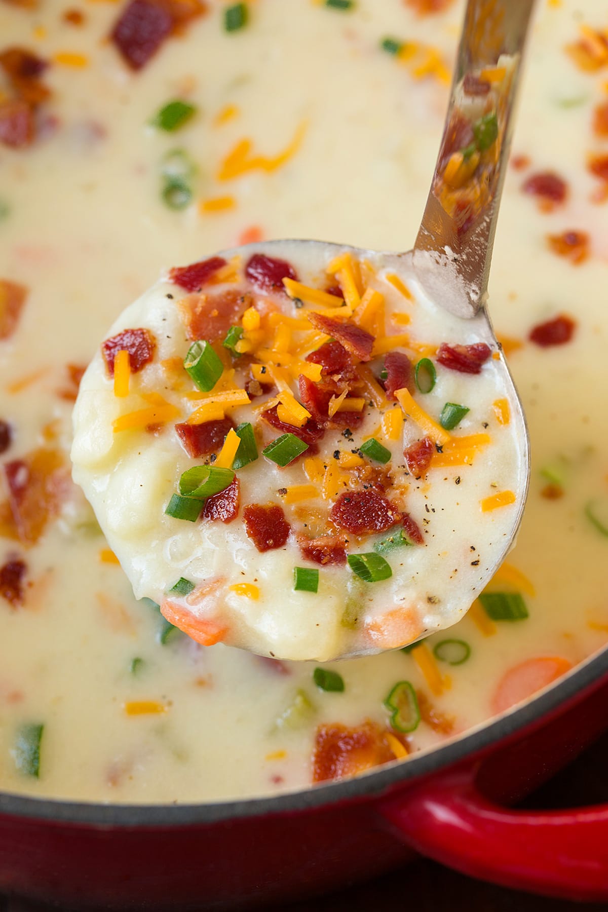 Close up photo of scoop of potato soup in a laddle.