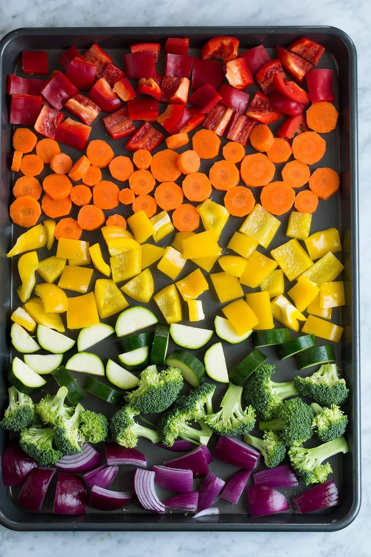 Diced vegetables on a baking sheet before oven baking.