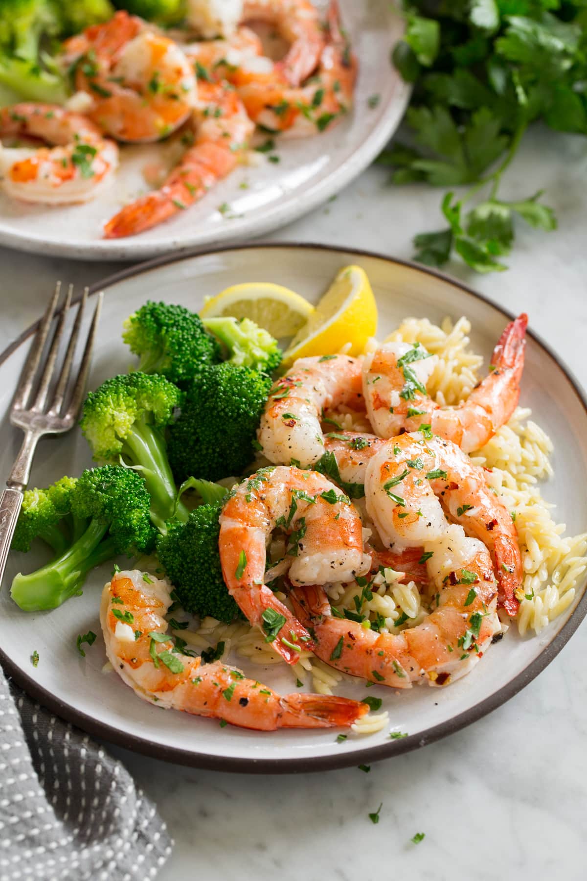 Baked shrimp on a white serving plate with orzo and broccoli.