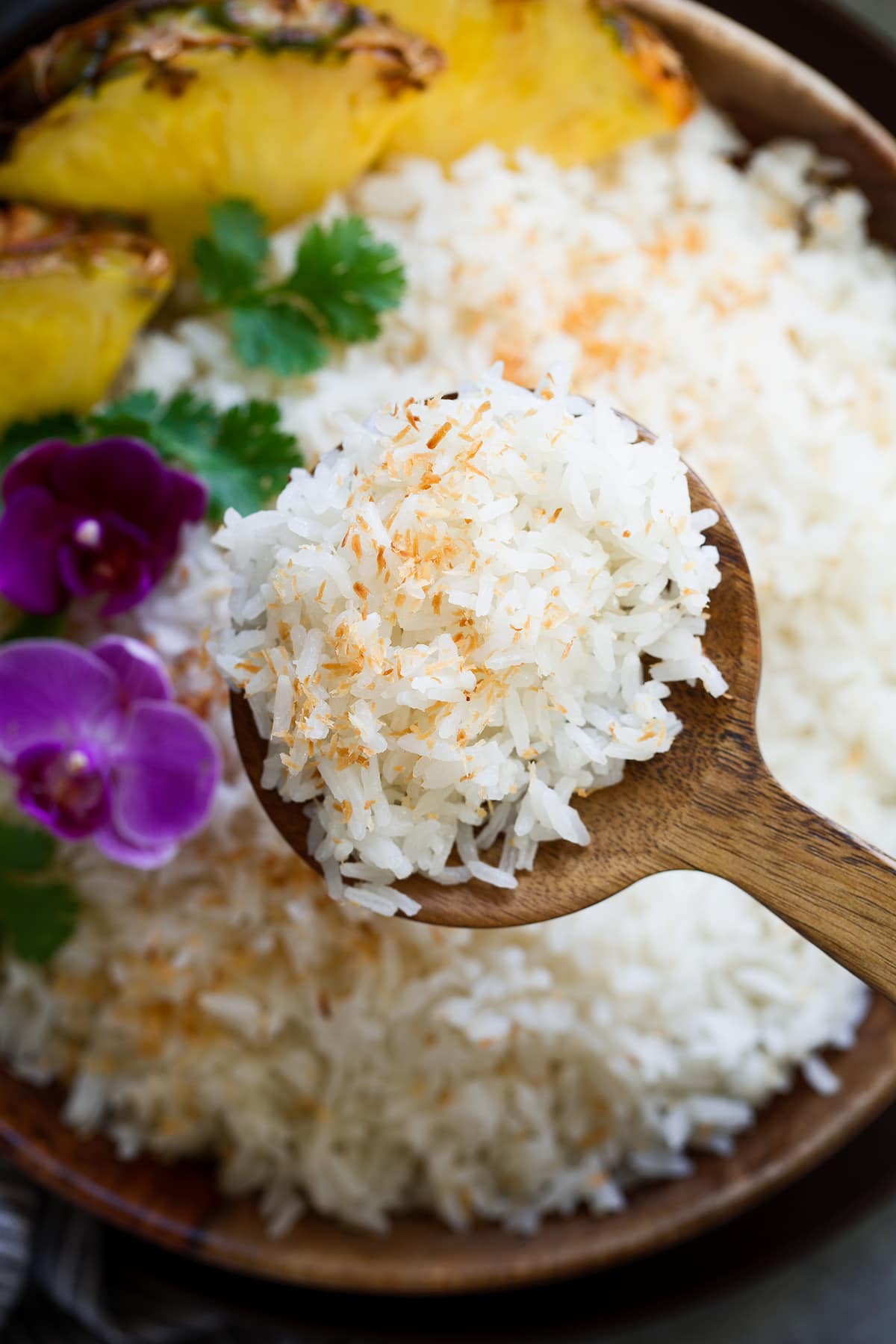 Close up image of coconut rice garnished with toasted coconut.