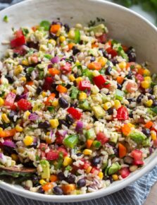 Fiesta rice recipe in a large white serving bowl.