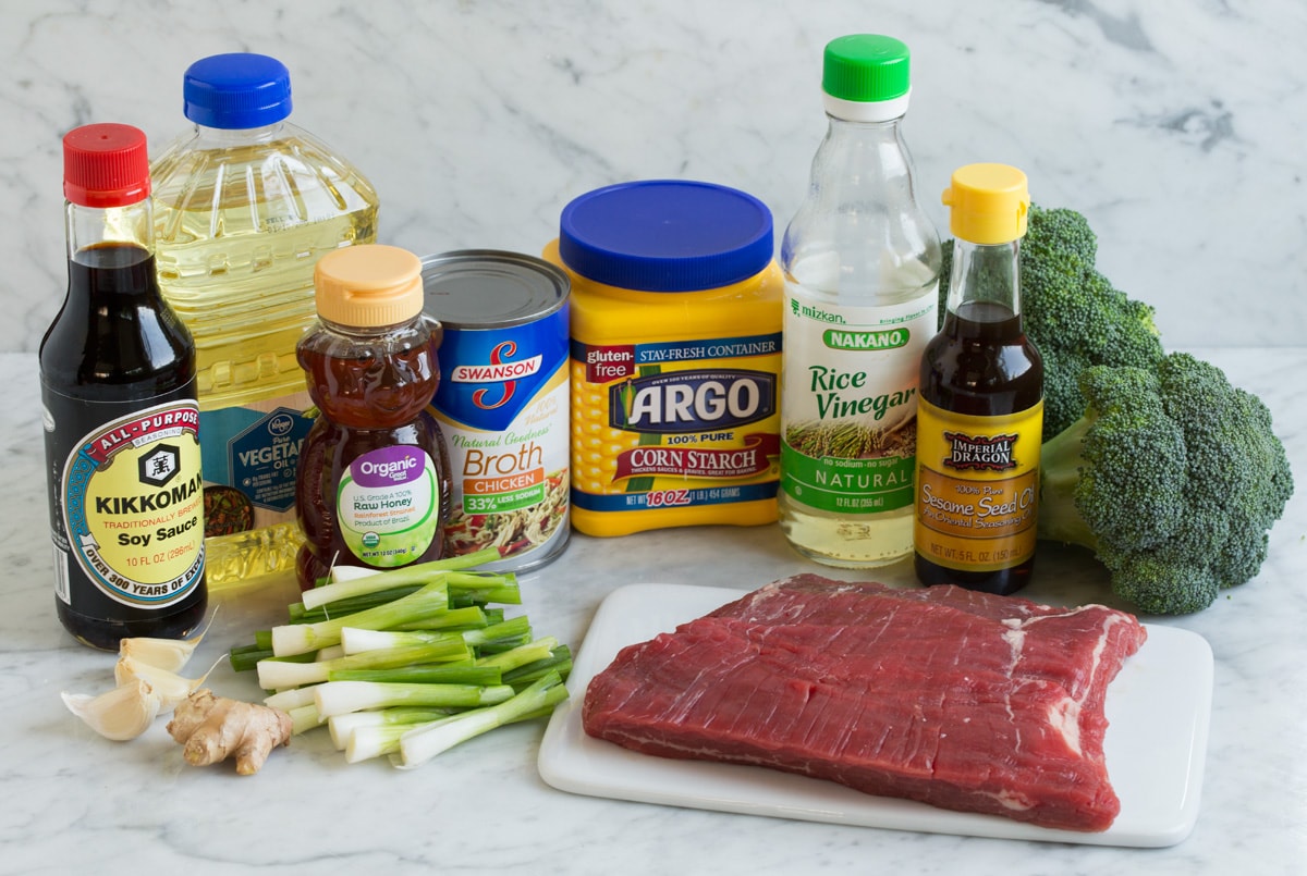 Ingredients for beef and broccoli.