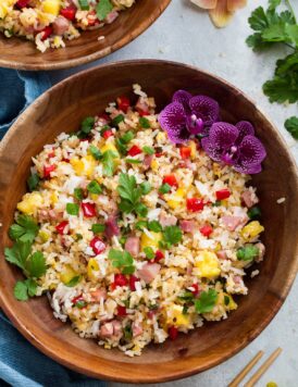 Overhead image of hawaiian fried rice in a bowl.