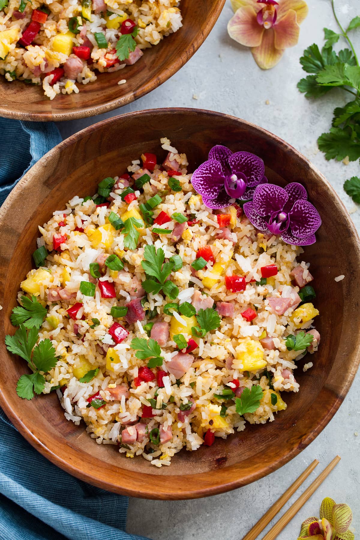 Overhead image of hawaiian fried rice in a bowl.