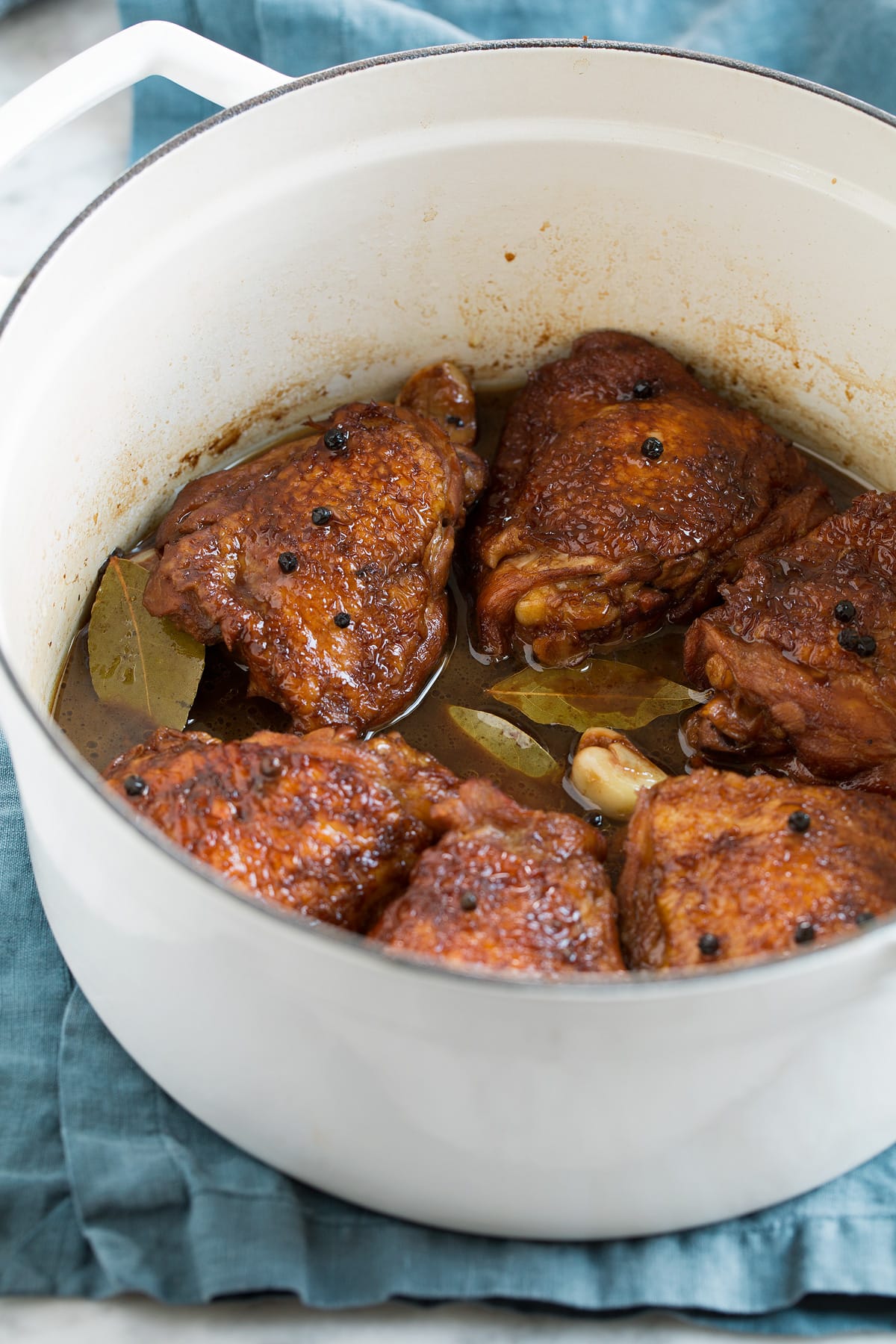 Finished chicken adobo in a pot.