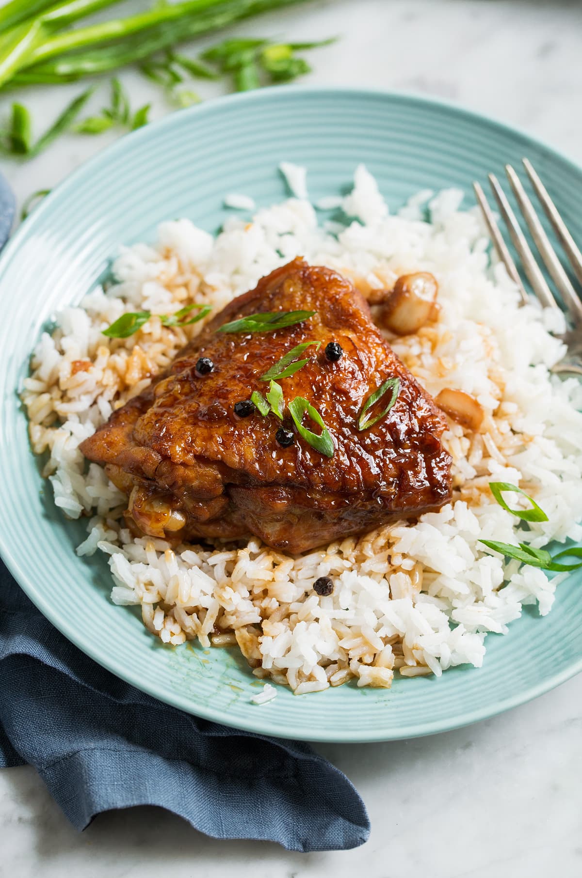 Chicken adobo chicken thigh on a plate over rice garnished with green onions.