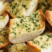 Close up image of sliced garlic bread.