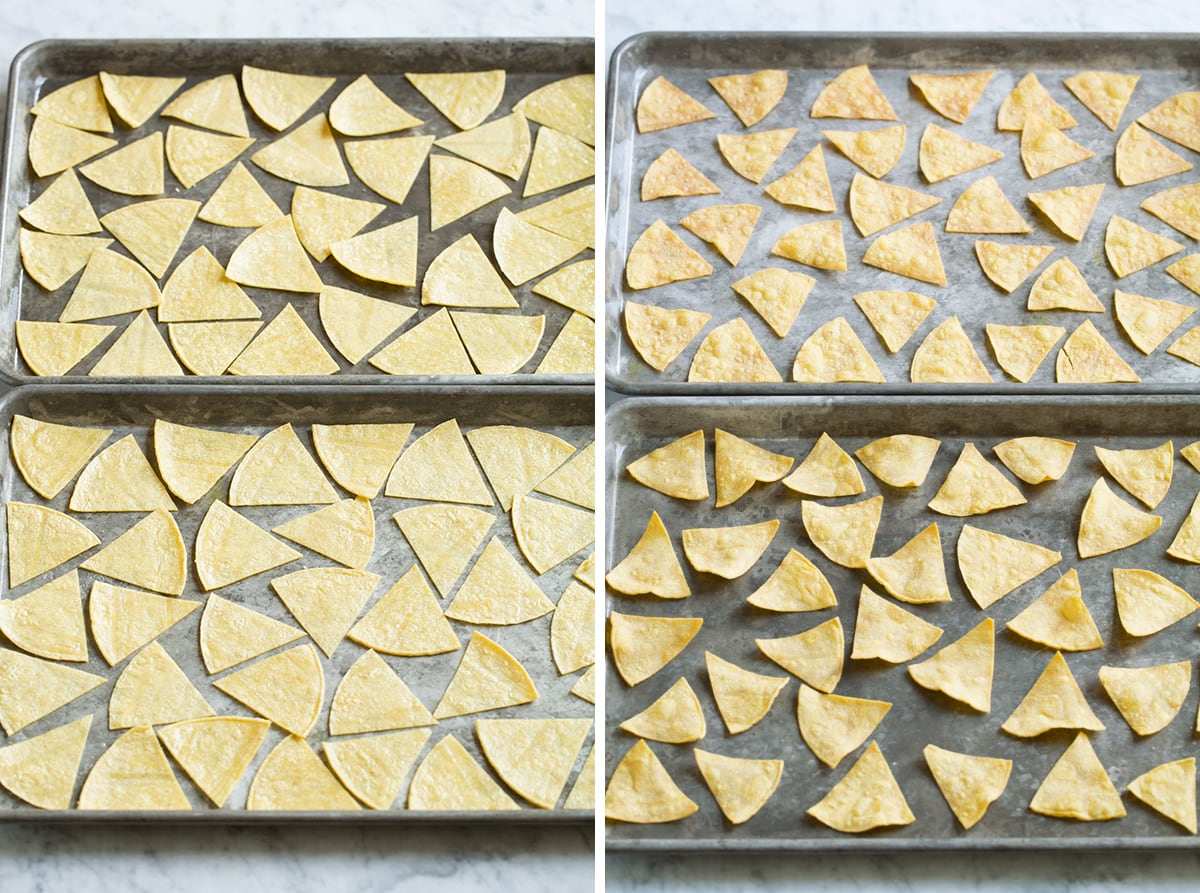 Baked tortilla chips before and after cooking.