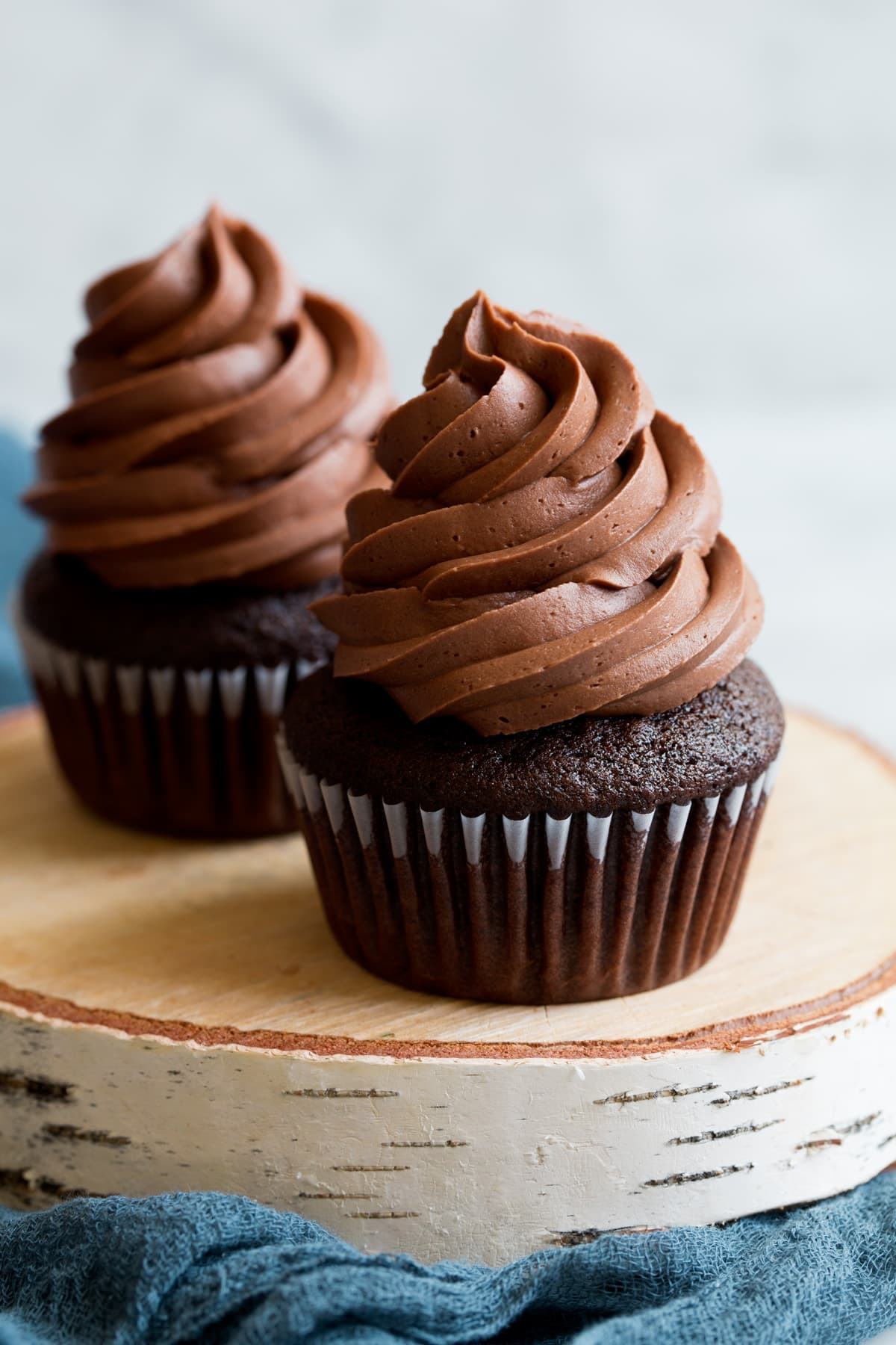 Chocolate buttercream frosting on top of chocolate cupcake