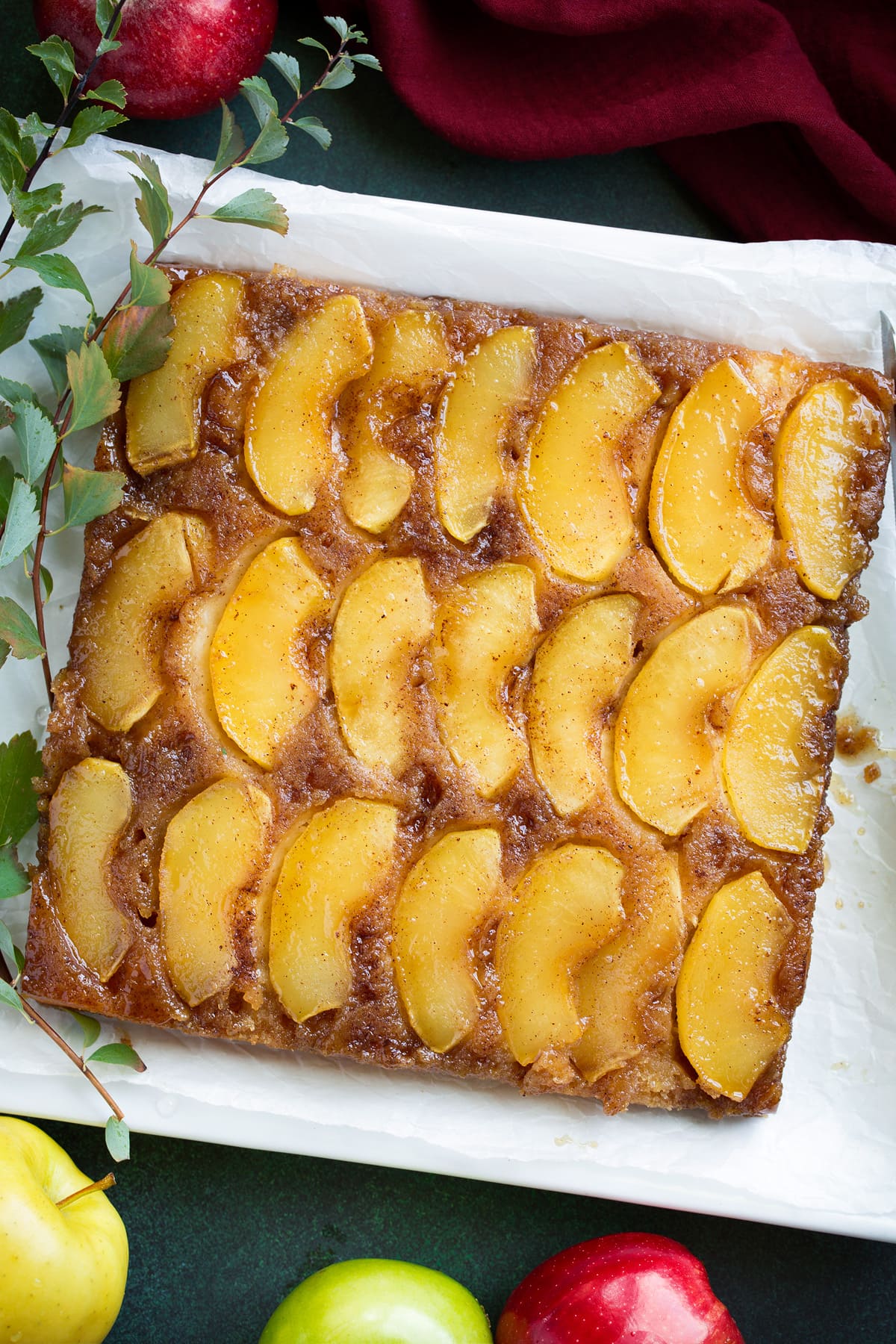 Apple upside down cake with rows of apple slices shown on top.