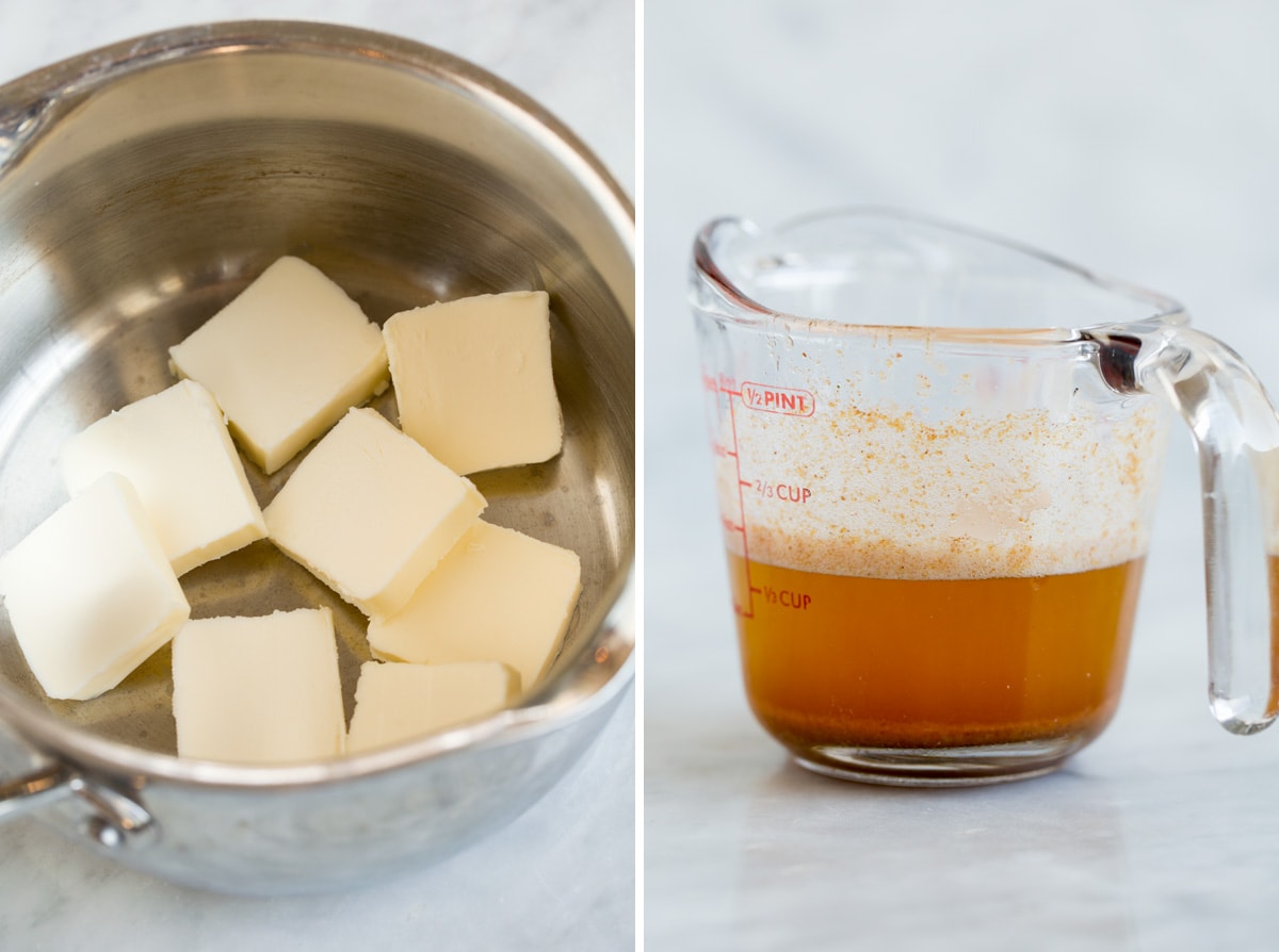 Image on the left showing butter diced in a saucepan then second image to the right showing browned butter in a liquid measuring cup.