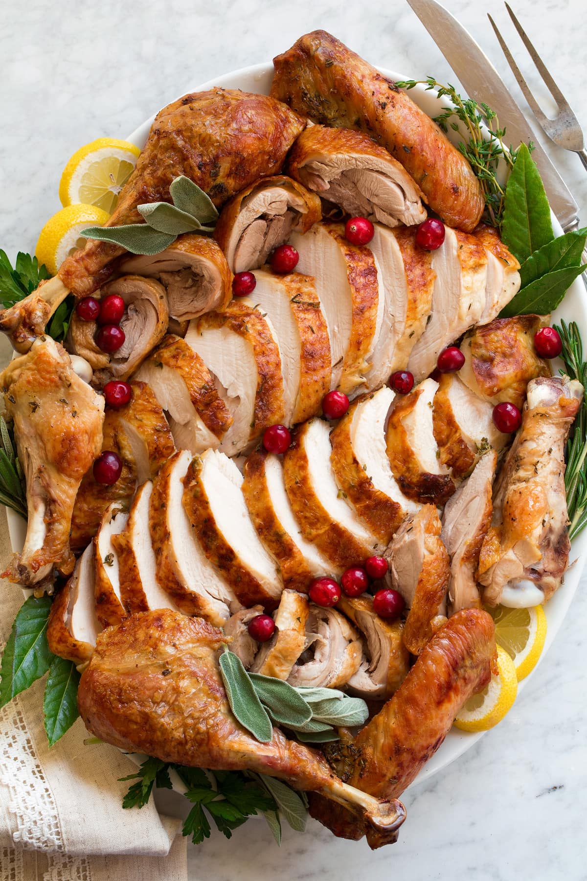 Carved turkey on a platter.