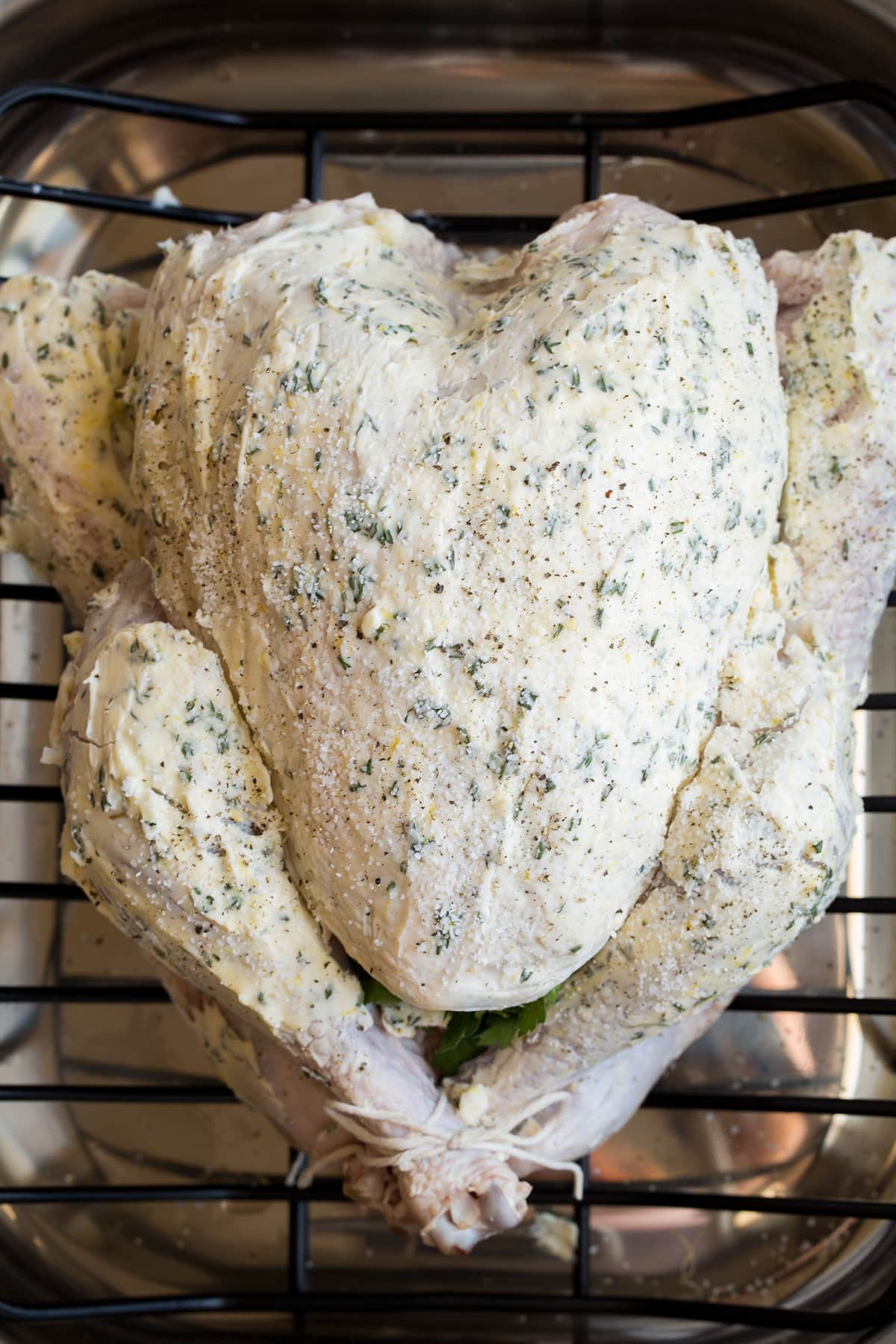 Overhead image of whole turkey in a roasting dish on a roasting rack before baking.