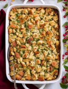 Stuffing in a white casserole dish.