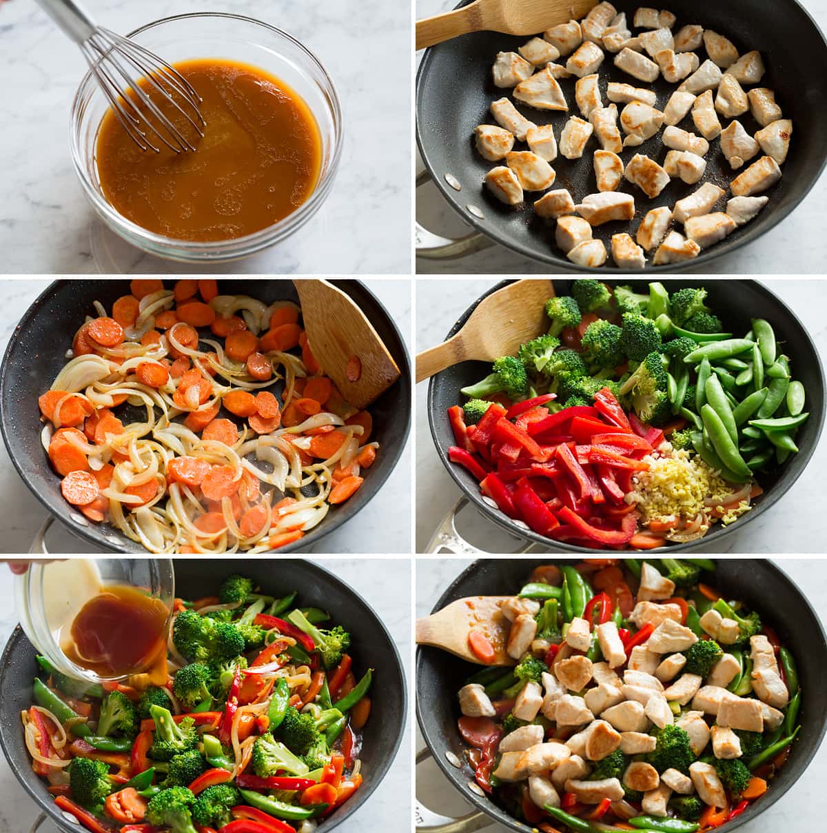 Steps showing how to make stir fry sauce and stir fry in a skillet.