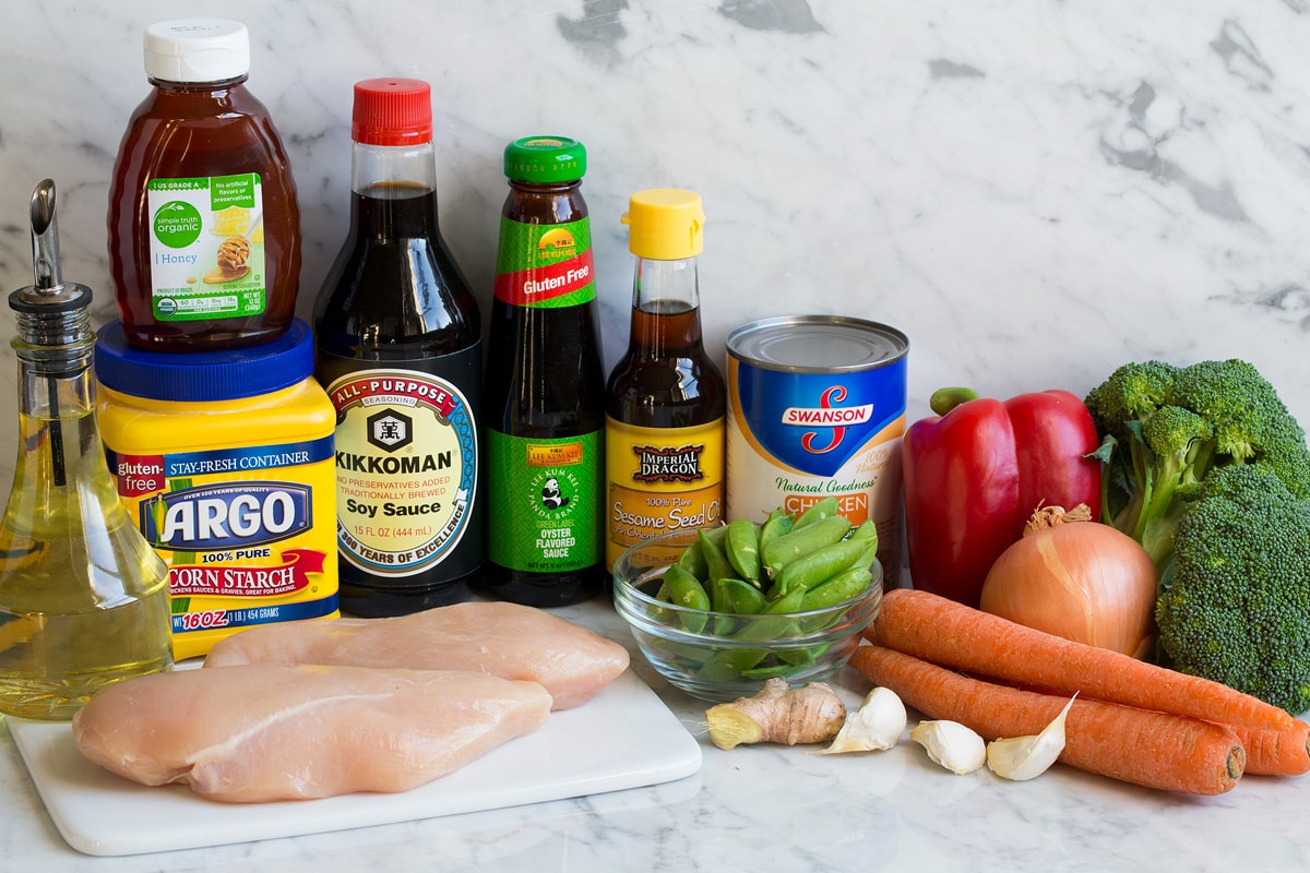 Image of ingredients that are used in chicken stir fry.