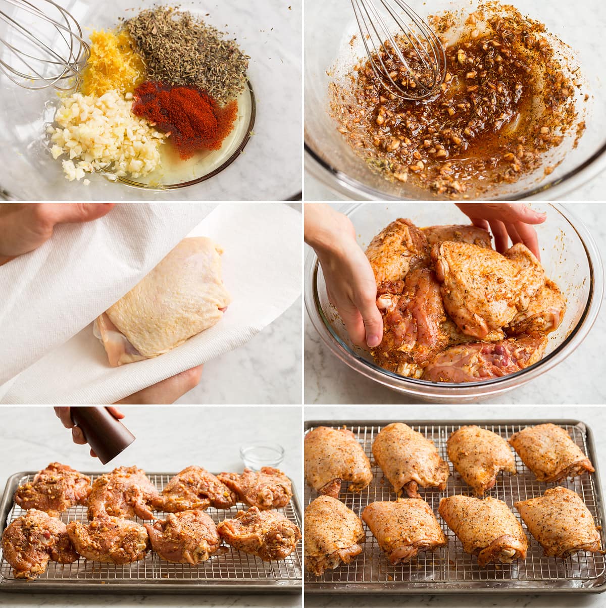 Collage of six images showing how to prepare chicken thighs for baking. Shows making a seasoning mixture, drying chicken, tossing with mixture and setting on rack in baking sheet.