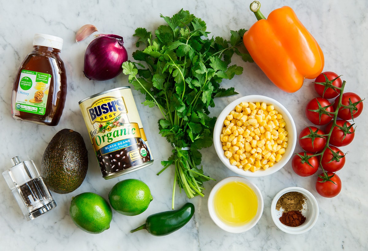 Ingredients shown here that go into black bean and corn salad.