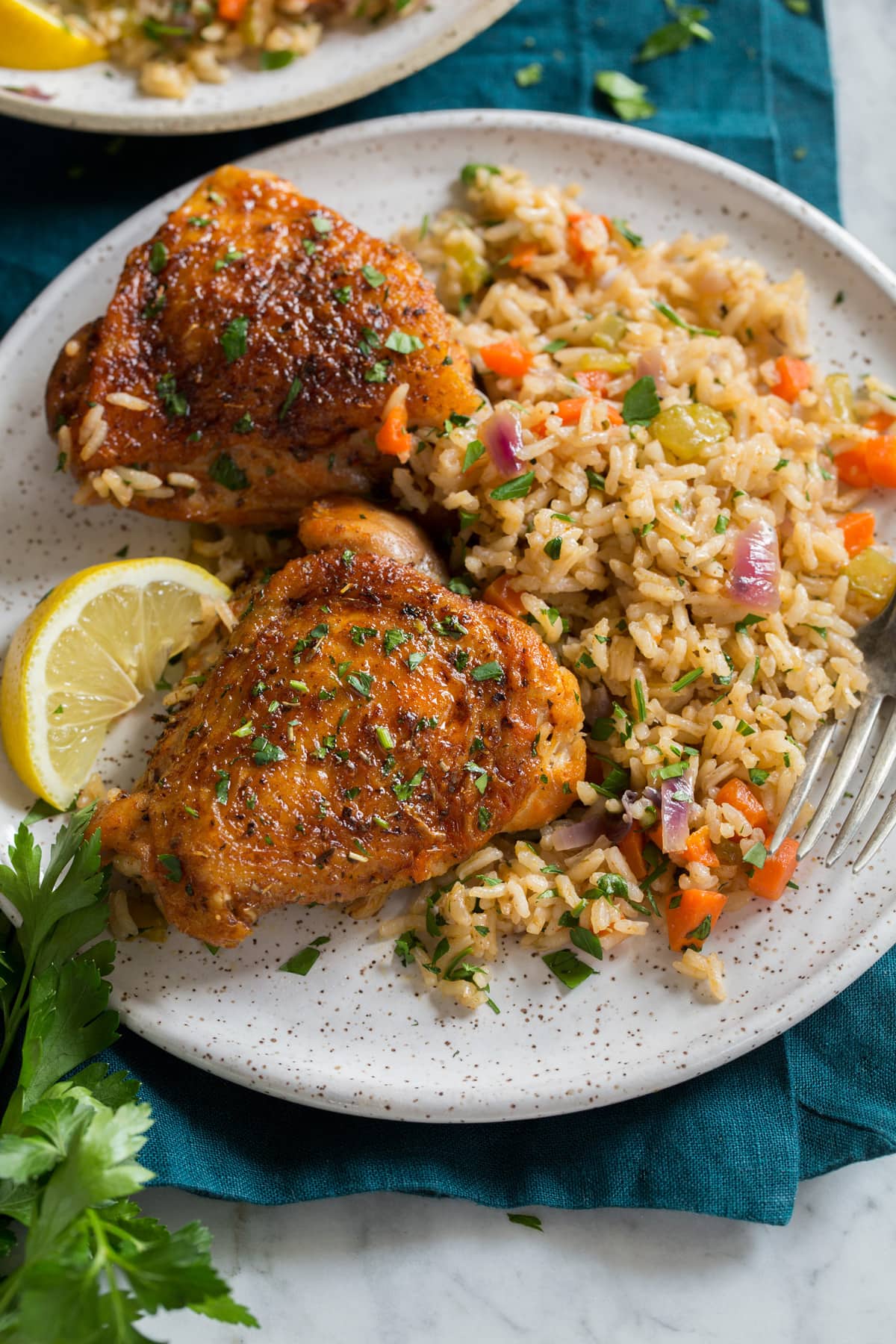 Two chicken thighs and white rice on a white serving plate.