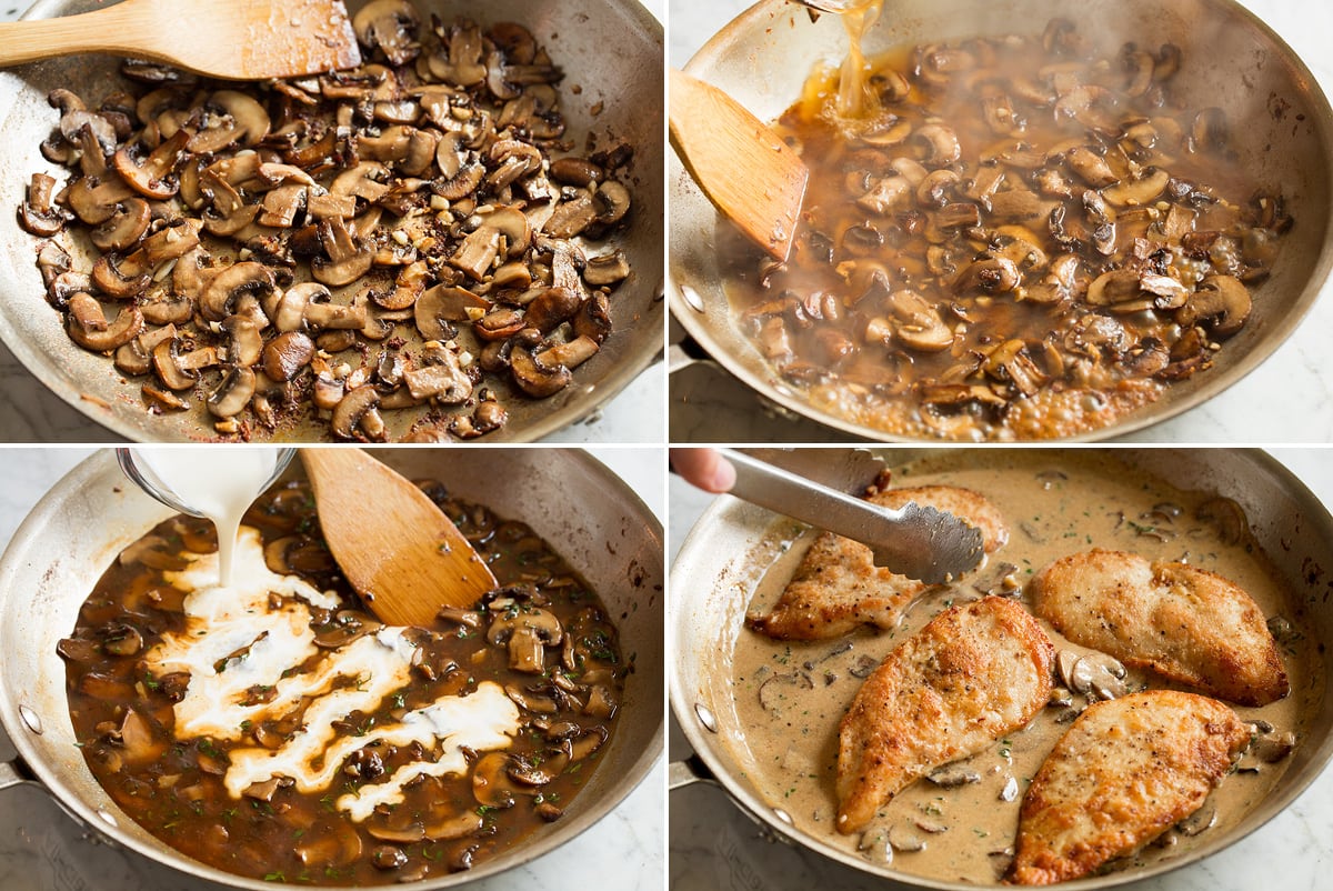 Image showing steps to making chicken marsala wine sauce including sauteing mushrooms in skillet, adding wine, adding cream. Then cooked chicken breasts are added to sauce.