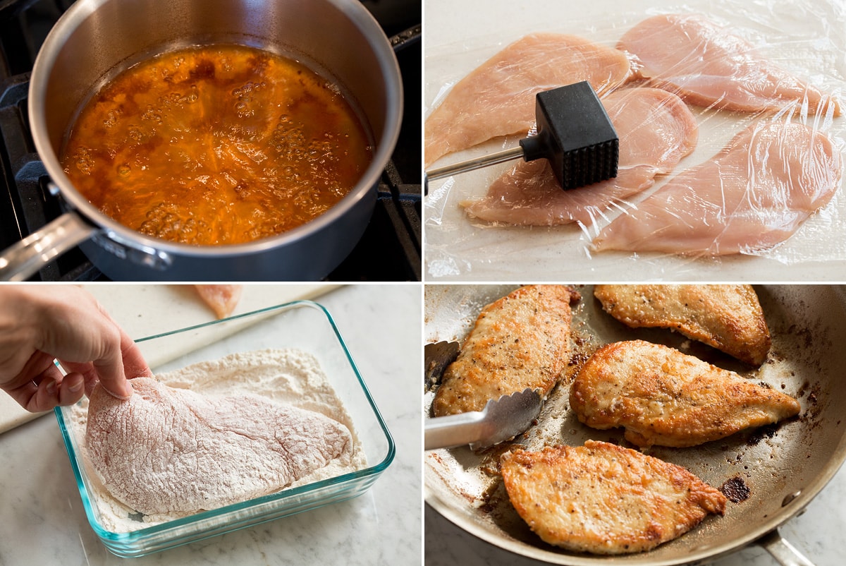 Image showing steps how to make chicken marsala including reducing marsala wine and broth in a saucepan. Pounding chicken cutlets, dredging in flour and pan searing.