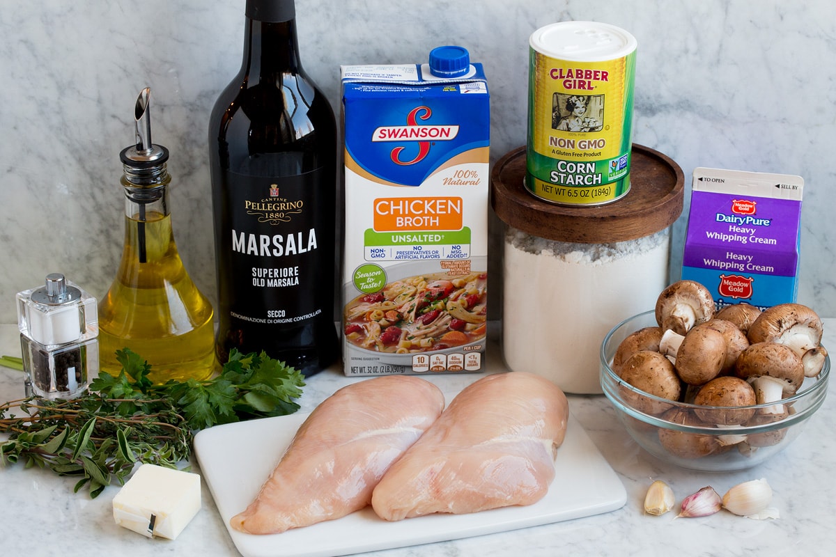 Ingredients shown here that are needed to make chicken marsala.