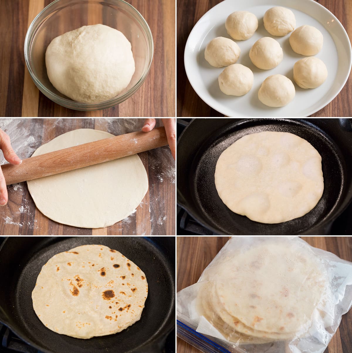 Image showing steps how to shape tortilla dough in different stages, how to cook tortillas and how to steam tortillas after cooking in a resealable bag.