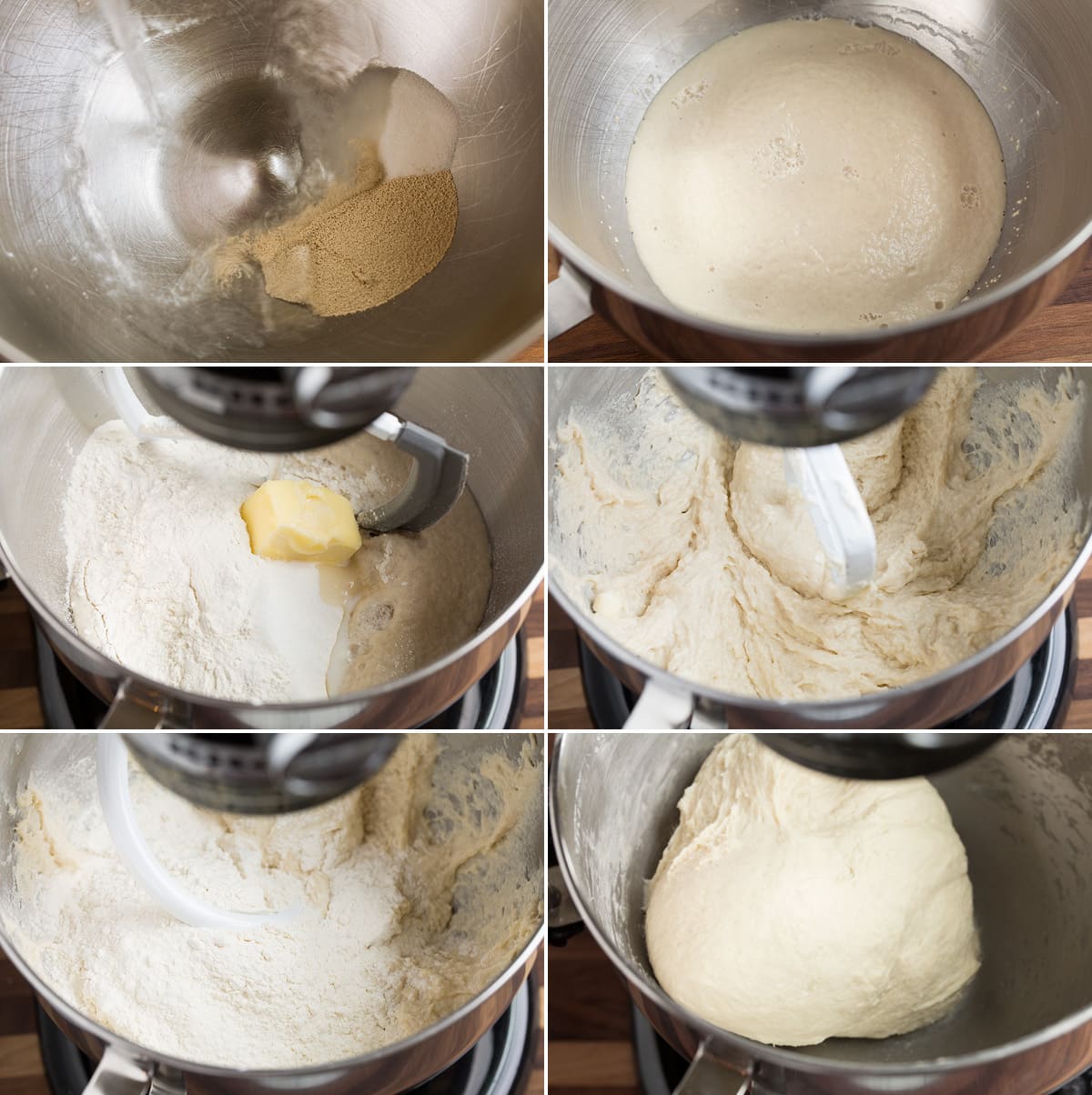 Collage image showing six steps to making bread dough in a stand mixer including proofing yeast with water and sugar, mixing in flour salt and butter, and mixture after it has finished kneading in the mixer.