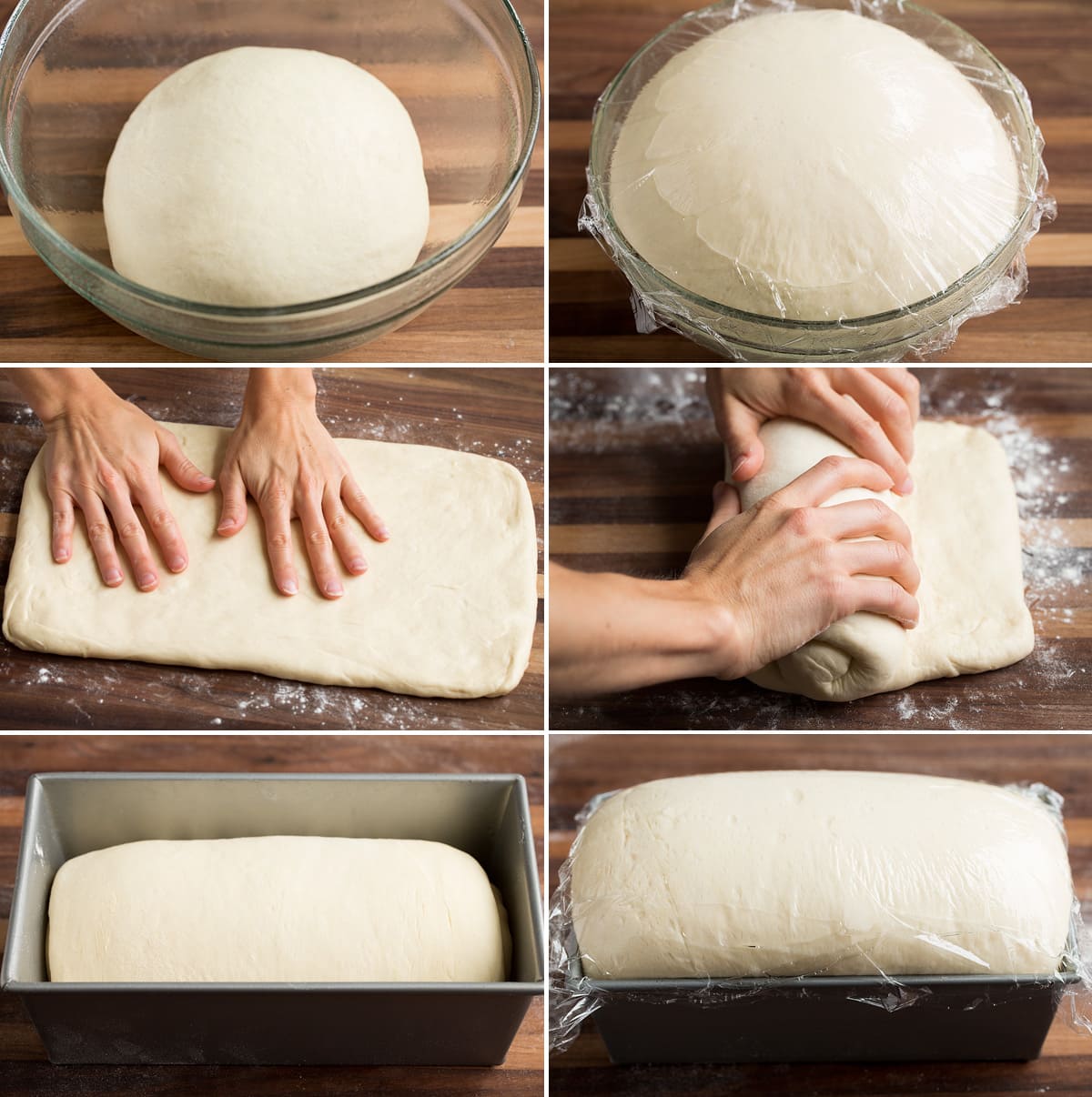 Image including a collage of 6 images showing bread dough before and after rising, patting into a rectangle, rolling dough up, then dough before and after rising in a bread pan.