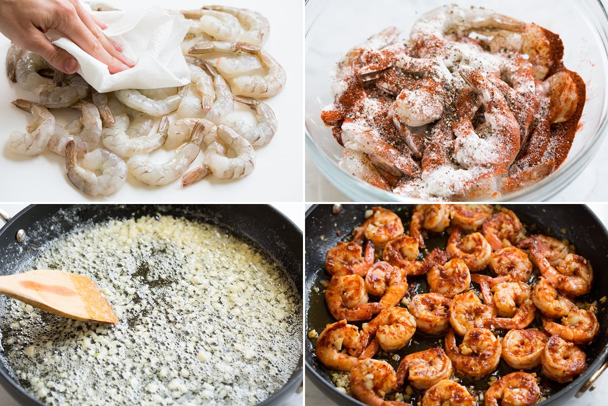 Collage image of four steps showing how to prepare Hawaiian garlic shrimp. Includes drying shrimp with paper towels, tossing shrimp in a bowl with spices and flour, sauteeing garlic with butter and cooking shrimp in pan.