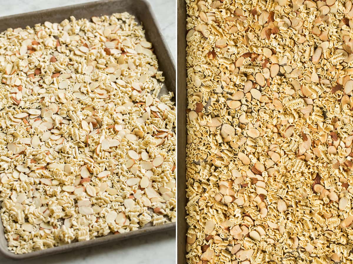 Collage image of ramen and sliced almonds on a baking sheet shown before and after toasting.