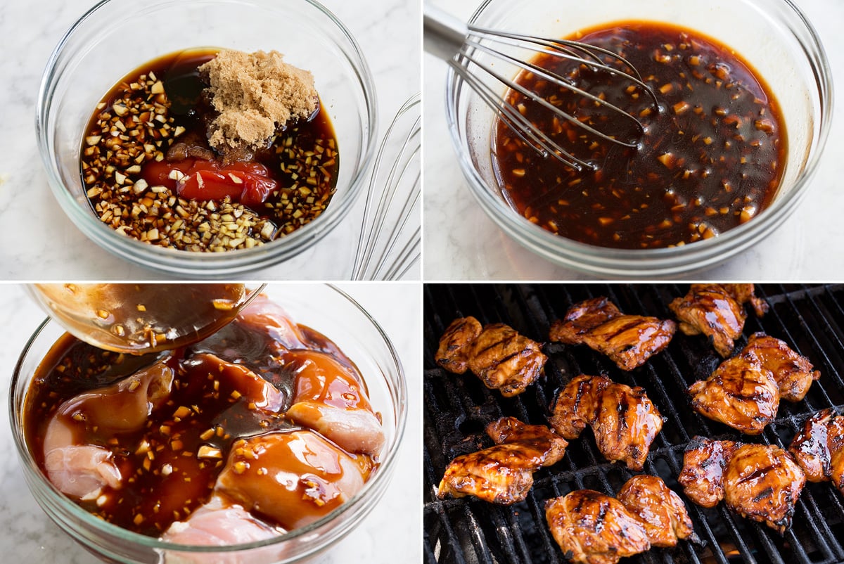 Collage of four images showing steps to making huli huli chicken marinade, marinating chicken and grilling chicken.