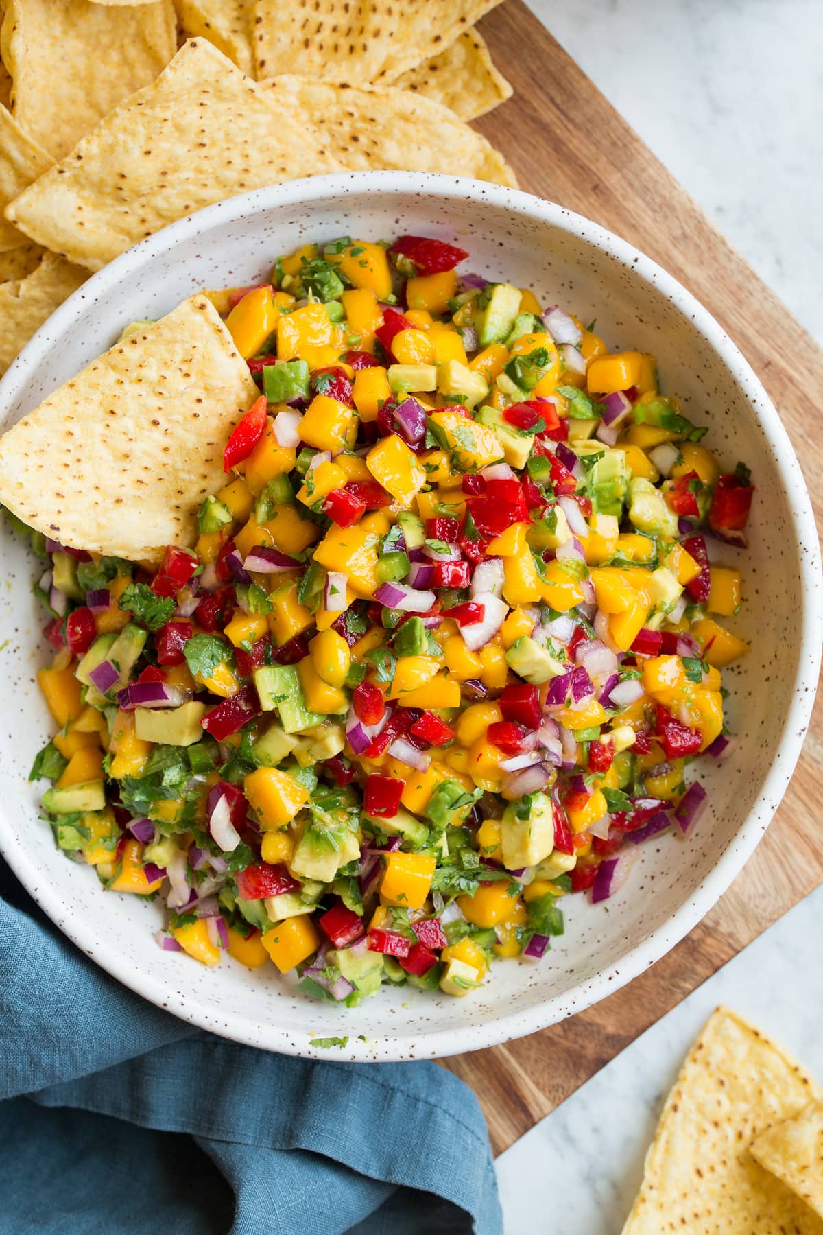 Overhead image of mango salsa with avocado.