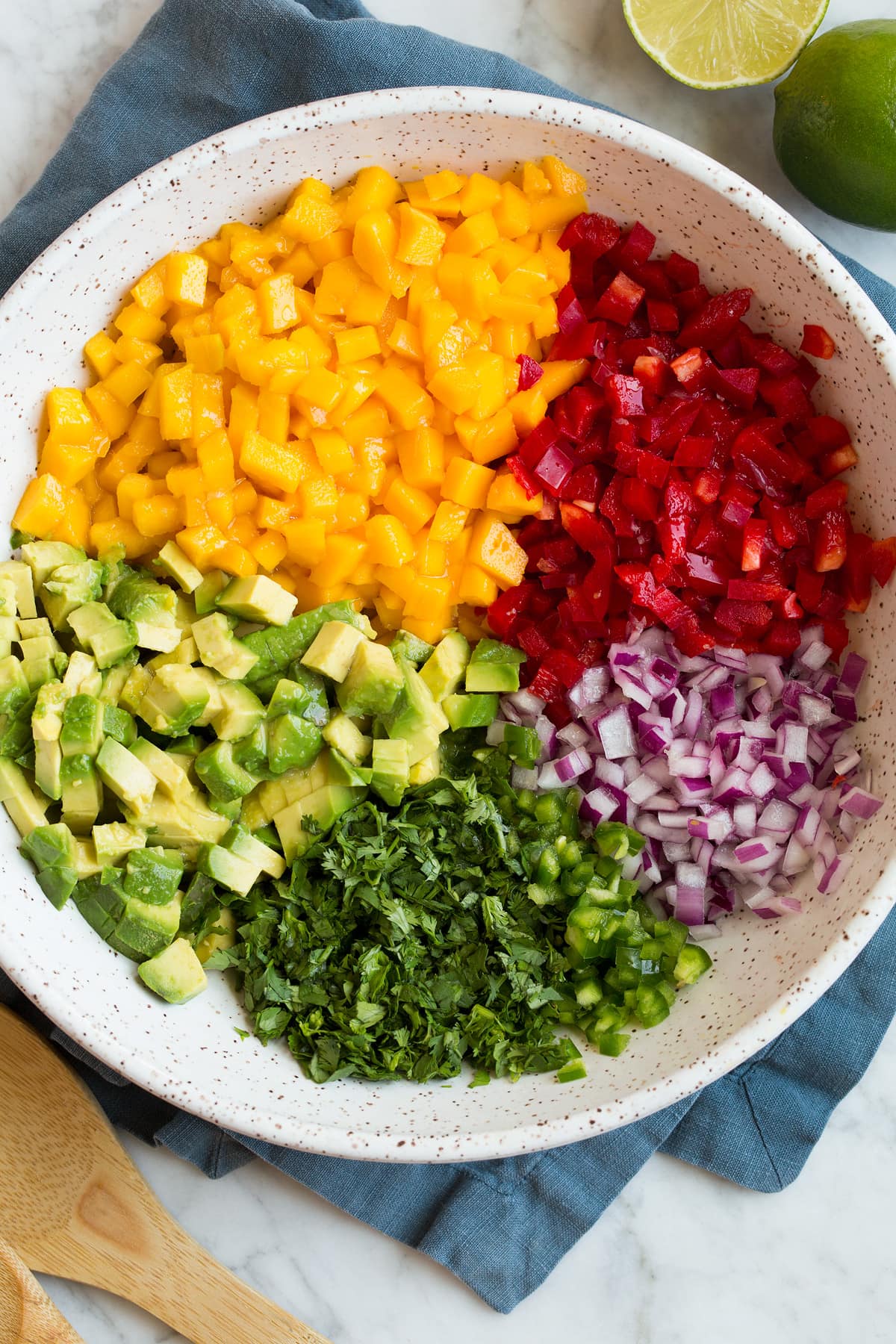 Prepared mango salsa ingredients shown in sections in a mixing bowl before tossing together.