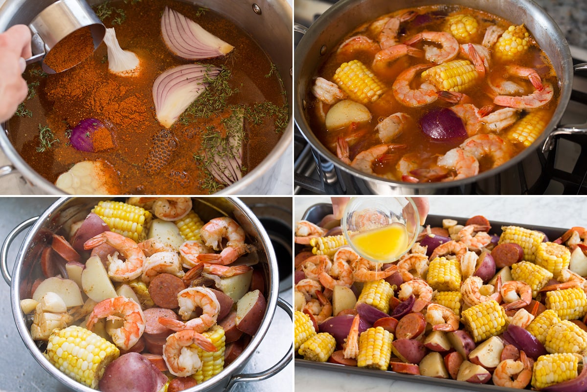 Collage image of four steps showing how to make shrimp boil in a pot, then draining in a colander and pouring butter over mixture on a platter.