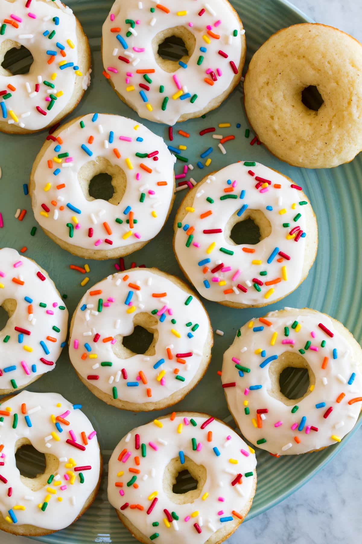 Overhead photo of homemade Baked Donuts on serving platter.