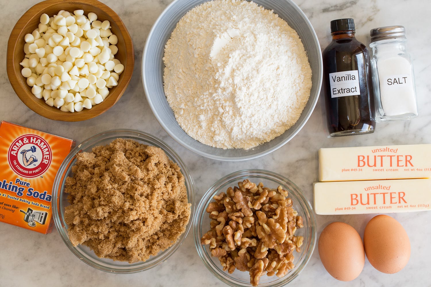 Ingredients needed to make homemade blondies bars.