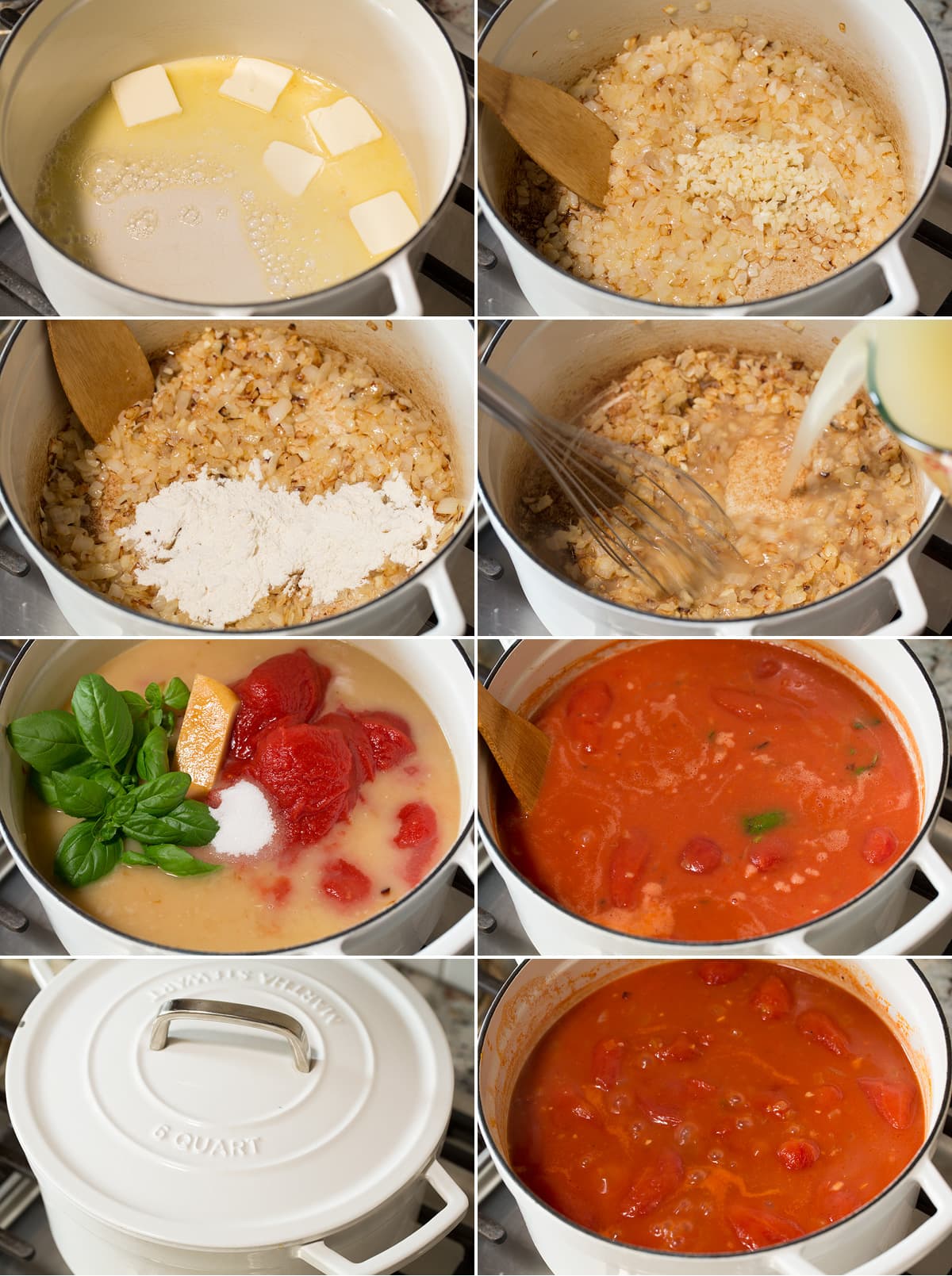 Collage of eight images showing steps to making tomato soup in a large pot on the stovetop. Shows sautéing onions, garlic, flour in butter and adding tomatoes, broth and seasonings. Then simmering. 