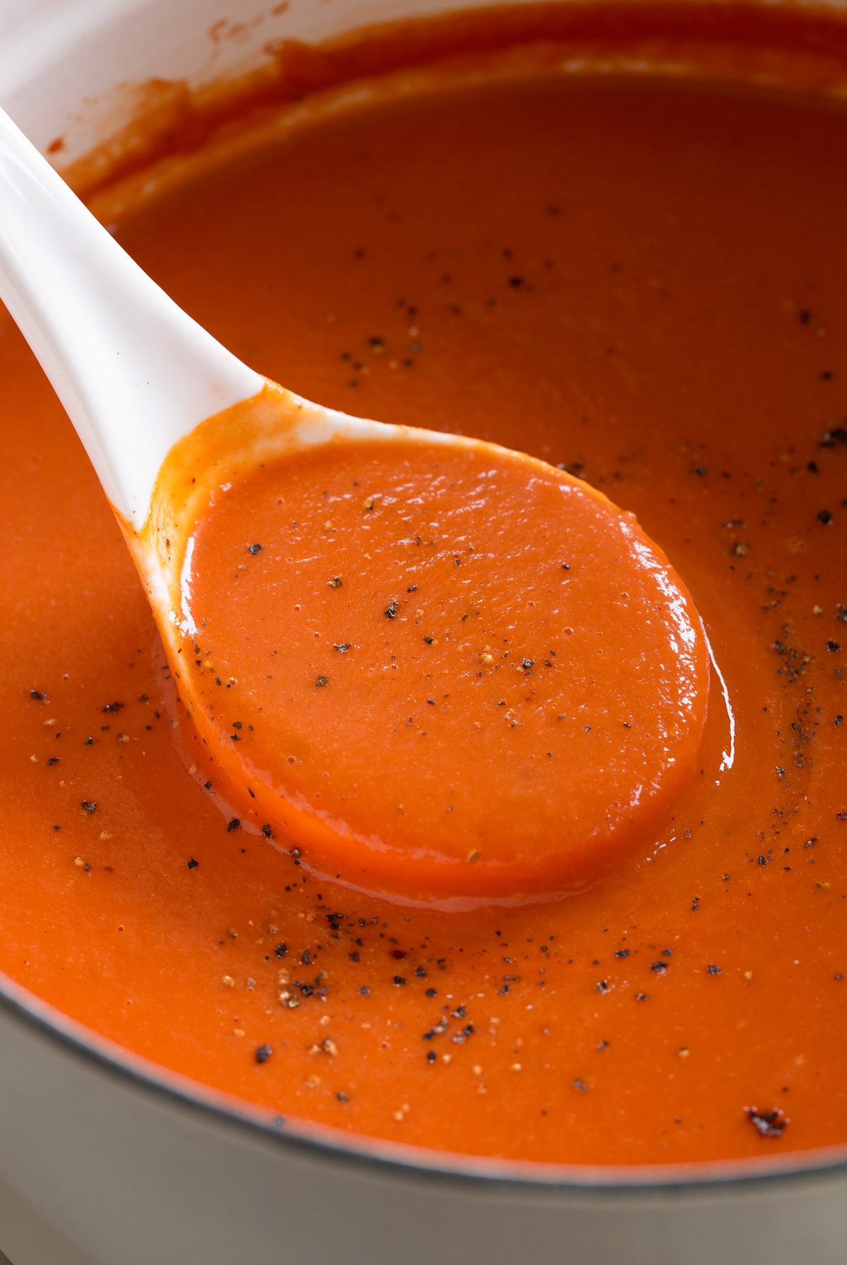 Ladle filled with homemade tomato soup.