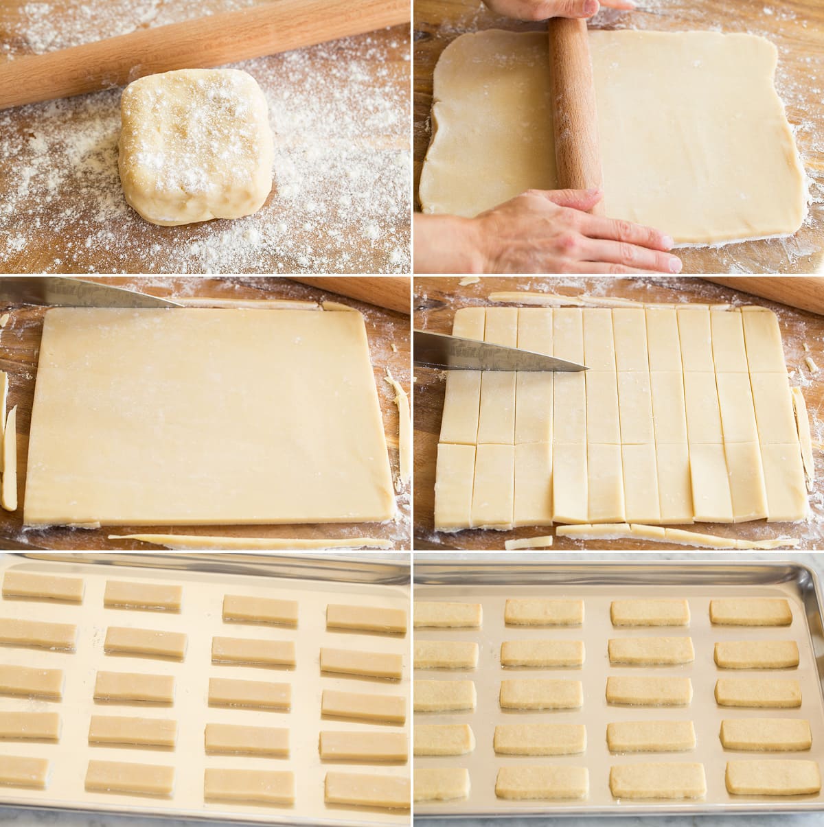 Collage of six images showing how to roll, shape and cut shortbread cookies. Then also shows shortbread cookies on baking sheet before and after baking.