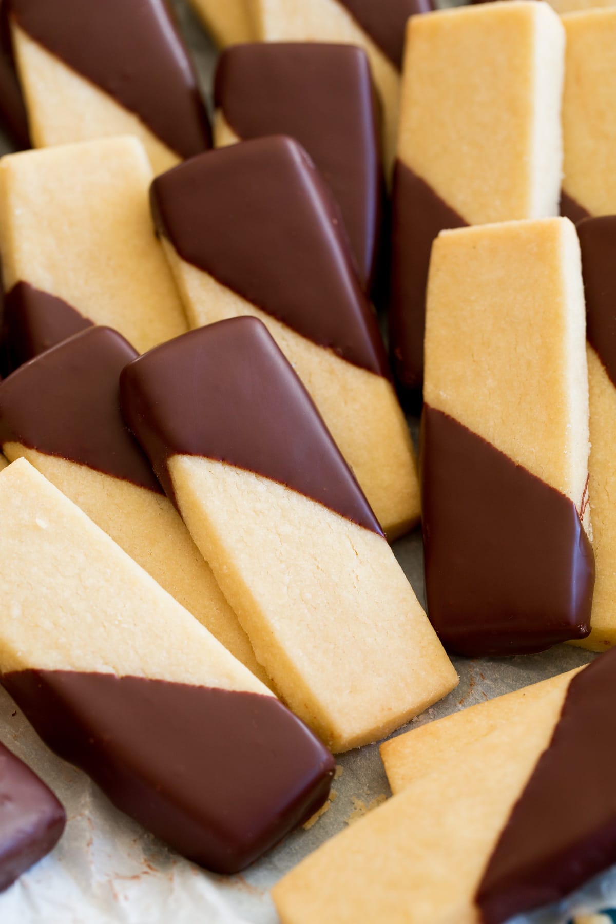 Close up image of shortbread cookies with chocolate.