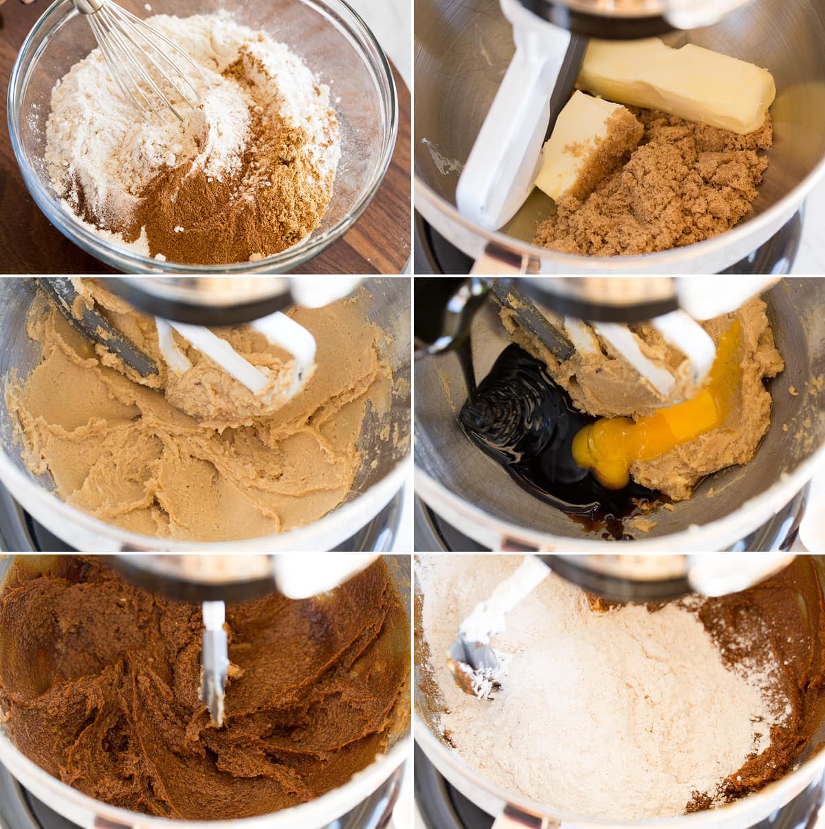 Collage of six images showing first six steps of making molasses cookies. Shows whisking dry ingredients in a bowl. Separately in a stand mixer creaming butter and brown sugar, the mixing in molasses and egg yolk. And last shows mixing in flour. 