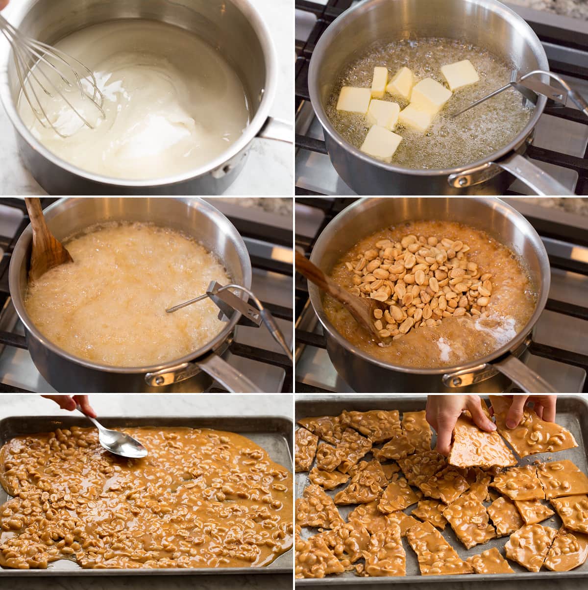 Collage of six images showing how to make peanut brittle in a saucepan on the stovetop. Also shows spreading peanut brittle mixture onto baking sheet then breaking it.