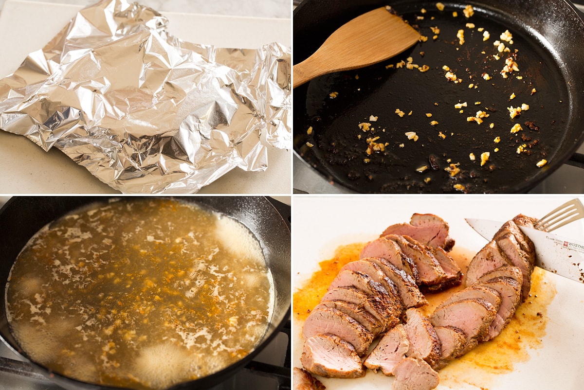 Collage of four photos showing resting pork with foil, making sauce and carving pork tenderloin.