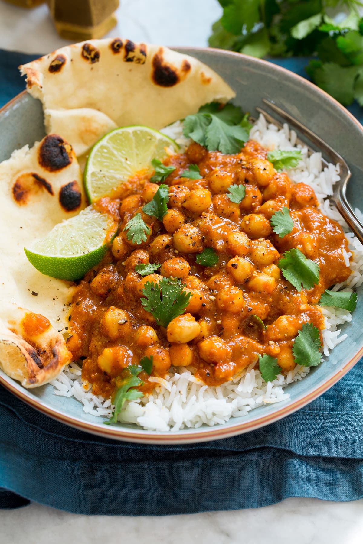 Photo of Chickpea Coconut Curry shown atop rice garnished with cilantro in a serving bowl. Also shows naan bread to the side as a serving suggestion.