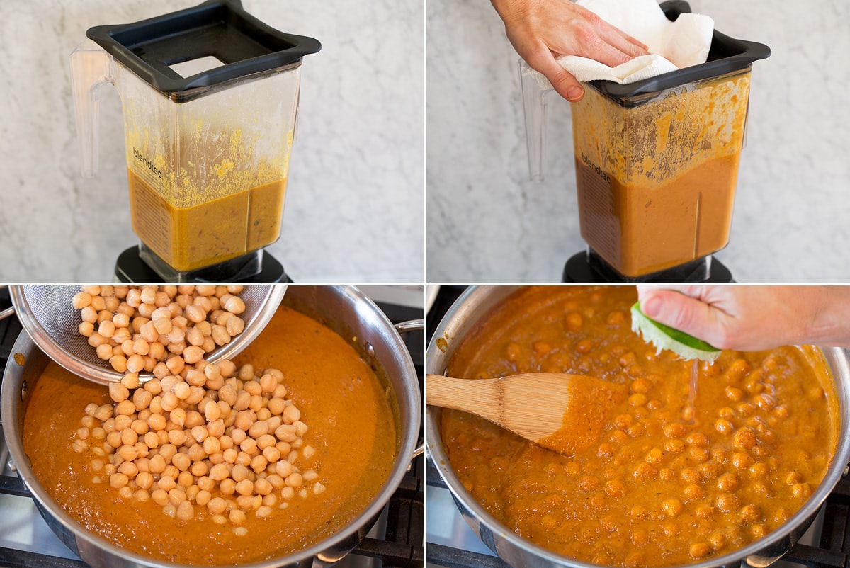 Collage of four photos showing how to blend curry sauce in blender then adding chickpeas and saute to pan to simmer together.