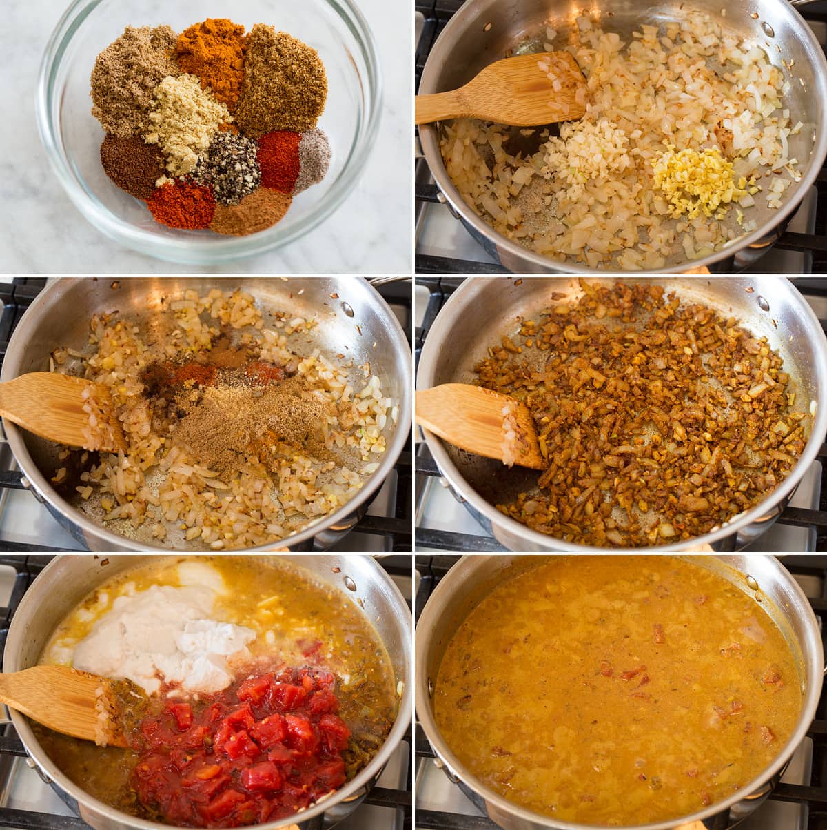 Collage of six photos showing the first six steps of preparing curry sauce for chickpea curry in a pan.