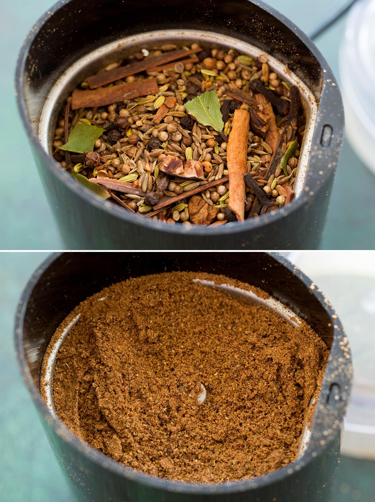 Collage of two photos showing garam masala in spice grinder before and after grinding.