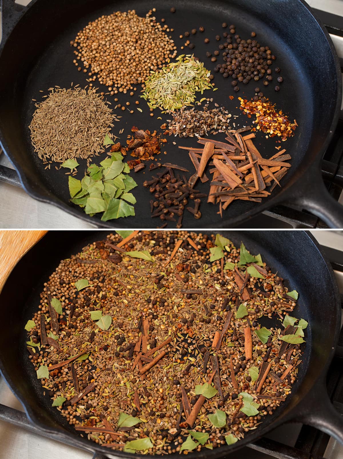 Collage of two images showing spices in a skillet before and after toasting.