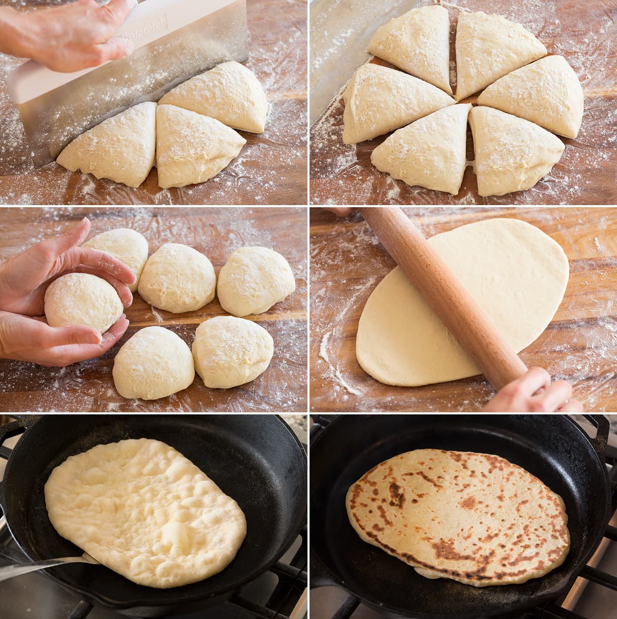 Steps 13 - 18 of shaping and rolling naan dough then cooking in skillet on both sides.